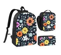 Beautiful Colourful Flowers 17 Inch Backpack Lunch Bag Pencil Case Set, Cute Print, Durable Oxford Cloth.