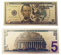 Beautiful COLOURISED 24K Gold Plated Embossed $5 Bill Dollar BANKNOTE