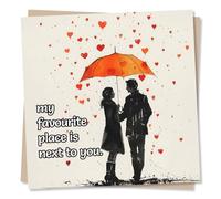 Beautiful Couple With Umbrella & Love Hearts - Birthday Card, Anniversary Card or Valentines Card For Partner - My Favourite Place Is Next To You - For Husband, Wife, Boyfriend, Girlfriend