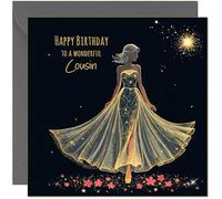 Beautiful Cousin Birthday Card Black & Gold Silhouette Dress Design - Female Elegant Birthday Cards for Cousin