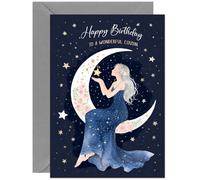 Beautiful Cousin Birthday Card - Crescent Moon & Stars - Large A5 Size Pretty Birthday Cards for Cousin