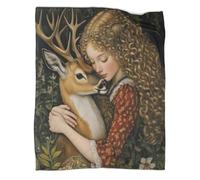 Beautiful Curly Blanket,Soft,Comfortable And Warm,3D Haired Girl Hugs A Deer Pattern,Suitable for Home And Camping,50x60inch(127x152cm)