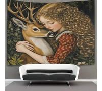 Beautiful Curly Tapestry Haired Girl Hugs A Deer Wall Hanging for Bedroom Home Decor HD Printing Living Room, Dorm 130cmx150cm