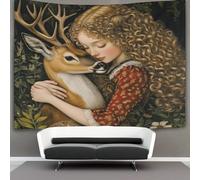 Beautiful Curly Tapestry Haired Girl Hugs A Deer Wall Hanging for Bedroom Home Decor HD Printing Living Room, Dorm 150cmx200cm