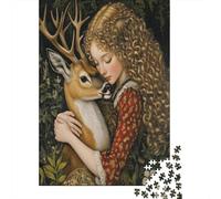 Beautiful CurlyPuzzles 1000 Pieces for Adults for Adults 1000 Piece Puzzle Educational Challenge Games Home Decoratiohaired Girl Hugs A Deer