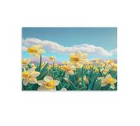 Beautiful Daffodils Canvas Wall Art, Colorful Flowers Field Scenery Cartoon Style Painting Print on Textured Canvas, Wall Poster Artwork for Living Room Bedroom Office Decor Unframe 08x12inch(20x30cm)