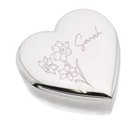 Beautiful December Birthday Flower Narcissus Engraved Design Heart Trinket Box, Personalised Name