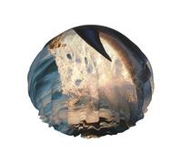 Beautiful Dolphin Shower Cap for Women Men Large Reusable Shower Bonnet Double-Layer Waterproof Bath Caps Elastic Band Hair Hat for All Hairstyles, Travel-Friendly