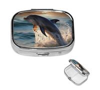 Beautiful Dolphin Square Metal Pill Box 2 Compartment Cute Travel Pill Organizer Case Portable Medicine Vitamin Organizer Pill Case for Women Men Travel Unique Gift