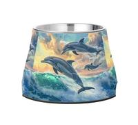 Beautiful Dolphins Jumped over The Waves Dog Raised Bowl, 540 ML Feeding Food Pet Bowl Stainless Steel Non-slip High Capacity Cat Bowl
