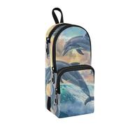 Beautiful Dolphins Jumped Over The Waves Pencil Case, Big Capacity Pen Bag with Compartment Students Schoolbag Shape Stationery Organizer Pencil Pouch Marker Case for School Office Work