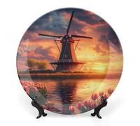 Beautiful Dutch Windmill at Sunset Bone China Decorative Plate with Display Stand Ceramic Dinner Plates Wall Decor for Home Kitchen 8inch
