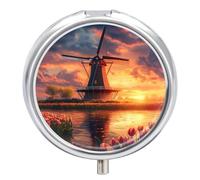 Beautiful Dutch Windmill at Sunset Pill Box Cute Metal Round Pill Case with 3 Compartments and Mirror for Vitamin Fish Oils