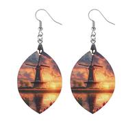 Beautiful Dutch Windmill at Sunset Wooden Earrings Artistic Wood Pendants Vintage Earring Hooks Jewelry for Women Love