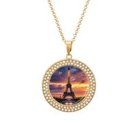 Beautiful Eiffel Tower Paris Diamond Necklace for Women Alloy 19.7" Cable Chain 1.3" Round Pendant Necklaces Romantic Memorial Necklace for Couple Friendship Daily Wear Valentines Jewelry Gifts, One
