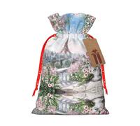 Beautiful Eiffel Tower Paris Print Festive Red Drawstring Bag, Small Favors Pouch Ideal For Christmas Party Gifting-S Size