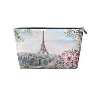 Beautiful Eiffel Tower Paris Printed Leather Travel Toiletry Makeup Bag with Silver Zipper for Women on the Go
