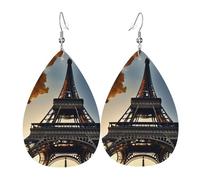 Beautiful Eiffel Tower Paris Printed Water Drop Earrings, Lightweight Leather Teardrop Dangle for Date and Party