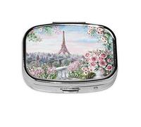 (Beautiful Eiffel Tower Paris) Square Pill Box with 2 Compartment Small Pill Organizer Portable Pill Case Vitamin Containers, Travel Essentials 5.5x4x1.8 cm