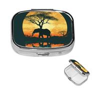 Beautiful Elephant Pill Box 2 Compartment Square Portable Pill Case for Pocket or Purse Pill Holder Weekly Pill Organizer Decorative Metal Medicine Vitamin Organizer Travel Gift