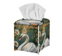 Beautiful Floral Swan Tissue Box Holder Square PU Leather Tissue Cube Box Organizer for Home Bathroom Living Room Decorative Waterproof Green Tissue Box Cover
