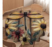 Beautiful Flower Dragonfly Tablecloth - 70 inch Washable Round Table Cover for Kitchen Dining Parties Holidays & Outdoor Decor Rustic Wooden Fence Design
