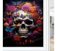 Beautiful Flower Skull Window Privacy Film Gothic Skeleton Vintage Flower Butterfly Stained Glass Window Coverings Static Cling Window Film for Home Office Stores 90 x 160 cm
