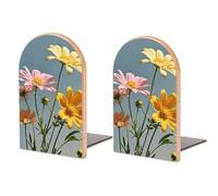Beautiful Flowers Book Ends Wood Decorative Non-Skid Book Ends Classic Universal Metal Base Bookends Multi-Purpose Arch Heavy Duty Bookends for Home Office and Library