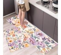 Beautiful Flowers Kitchen Rug Set 2 Pieces, Non-Slip and Washable Kitchen Runner Mat Watercolor Style Standing Mats for Hallway, Dining Room and Entryway - 43x75cm+43x120cm, Purple