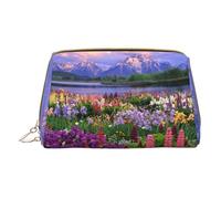 Beautiful Flowers Mountain Print Makeup Bag Portable Leather Waterproof Cosmetic Bag Clutch Makeup Brush Bag (6.7x4.3in)