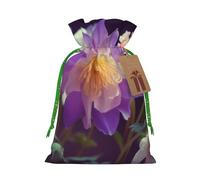 Beautiful Flowers Printed Christmas Drawstring Bags,M | Reusable Xmas Gift Storage Bags, Green Christmas Ribbon
