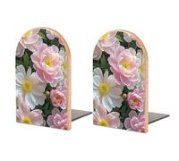 Beautiful Flowers with and Peonies Book Ends Wood Decorative Non-Skid Book Ends Classic Universal Metal Base Bookends Multi-Purpose Arch Heavy Duty Bookends for Home Office and Library