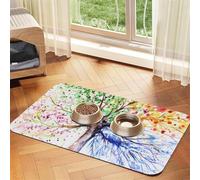 Beautiful Four Season Tree Patterned Pet Feeding Mat with Water-Absorbing PU Top & Rubber Base - Anti-Slip Dog Cat Food Mat for Cats, Dogs & Pets, 40x60cm