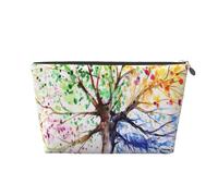 Beautiful Four Season Tree Printed Leather Travel Toiletry Makeup Bag with Silver Zipper for Women on the Go