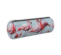 Beautiful Funny Flamingos Printed Leather Pencil Case Cute Stationery Organizer Round Makeup Bag Pen Pouch, Silver Zipper