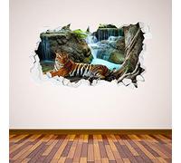 Beautiful Game Jungle Tiger and Waterfall Broken Wall Sticker Mural Home Art Vinyl Decal Forest Animal (90cm width x 45cm height)