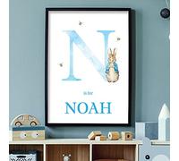 Beautiful Game Official Peter Rabbit Print - Personalised Blue Letter and Name Print Baby Nursery Art (Framed - Black, A4 (21cm x 29.7cm))