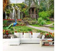 Beautiful Garden Landscape Waterfall Peacock Flower 3D Wallpaper Silky Texture Home Study Office Grey Dining Room Sofa Bedroom Living Room TV Backdrop-300cm×210cm