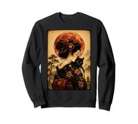 Beautiful Geisha Holding Black Cat Vintage Japanese Moon Art Sweatshirt