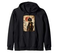 Beautiful Geisha Holding Black Cat Vintage Japanese Moon Art Zip Hoodie