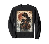 Beautiful Geisha Holding Black Cat Vintage Japanese Red Moon Sweatshirt