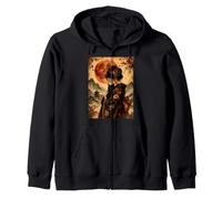 Beautiful Geisha Holding Black Cat Vintage Japanese Red Moon Zip Hoodie