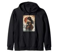 Beautiful Geisha Holding Black Cat Vintage Japanese Red Moon Zip Hoodie