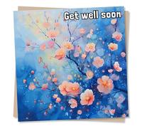 Beautiful Get Well Soon Card - Blue & Pink Floral Design - for A Friend or Loved One