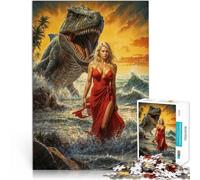 Beautiful Girl and Dinosaur on Beach1000 Pieces Jigsaw Puzzles for Adults Game Toys Fun at Home Activities, Birthday Present,Travel Gifts, 38x26cm
