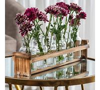 Beautiful Glass Flower Vase with Wooden Plant Stand & 6 Bud Vases, Decorative Glass Bottles for Home Décor, Dining Table Centerpiece, Wedding, Bridal Shower, Events - Vintage Medicine Bottles.