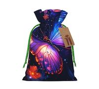 Beautiful glowing butterfly Printed Christmas Drawstring Bags Reusable Bag for Party Xmas Gift Wrapping, Green Ribbon, M