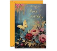 Beautiful Gold 1st Birthday Cards for Girls Boys - Wonderful Golden Butterfly - Elegant Traditional Pretty Birthday Card for 1 Year Old Girl Boy Her Him, 5x7 Inch Gorgeous Greeting Cards Gift