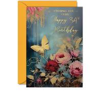 Beautiful Gold 34th Birthday Cards for Women Men - Wonderful Golden Butterfly - Elegant Traditional Pretty Birthday Card for 34 Year Old Woman Man Her Him, A5 Gorgeous Greeting Cards Gift