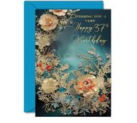 Beautiful Gold 37th Birthday Cards for Women Men - Wonderful Golden Flowers - Elegant Traditional Pretty Birthday Card for 37 Year Old Woman Man Her Him, A5 Gorgeous Greeting Cards Gift